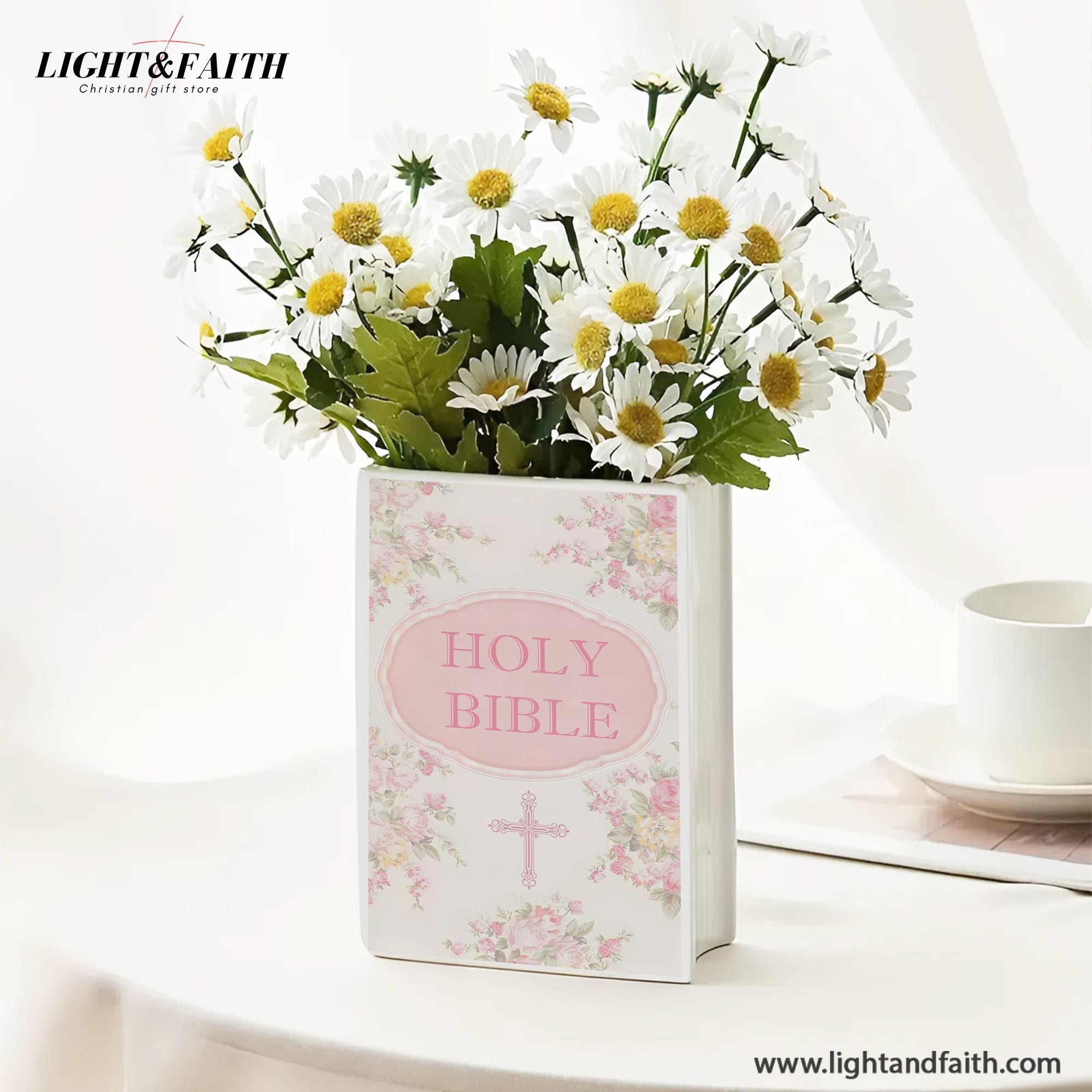 Personalized Christian Ceramic Book Vase, Holy Bible Design with Cross and Flowers, Baptism or Easter Gift CBLAF06